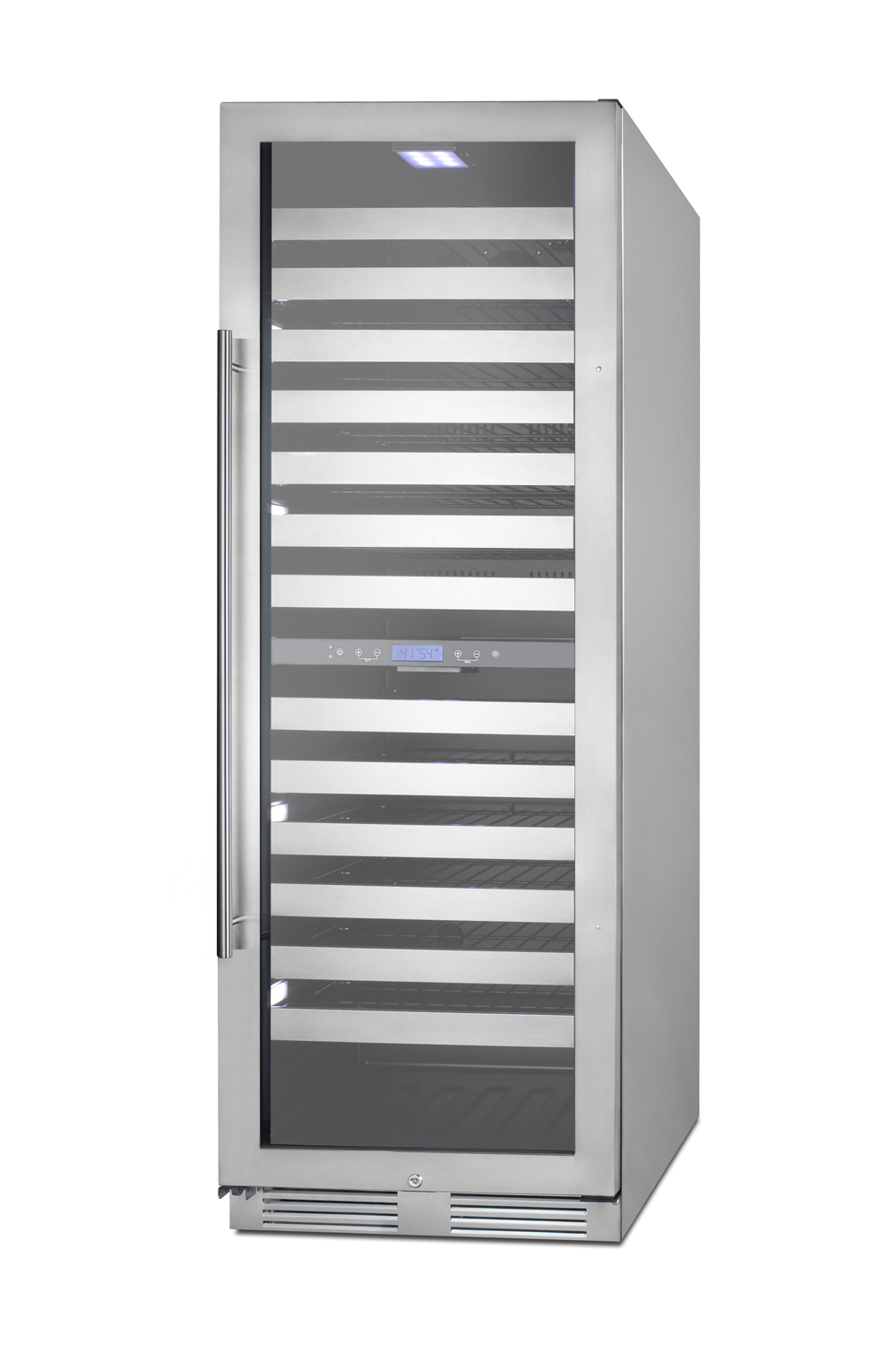 Dual zone 163 bottle commercial wine cellar for built-in or freestanding use, with stainless steel cabinet, a glass door with seamless stainless steel trim, digital thermostat, full-extension shelving, and factory-installed lock